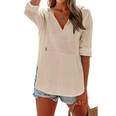 Akari - V-Neck Long Sleeve Hooded Top with Pocket