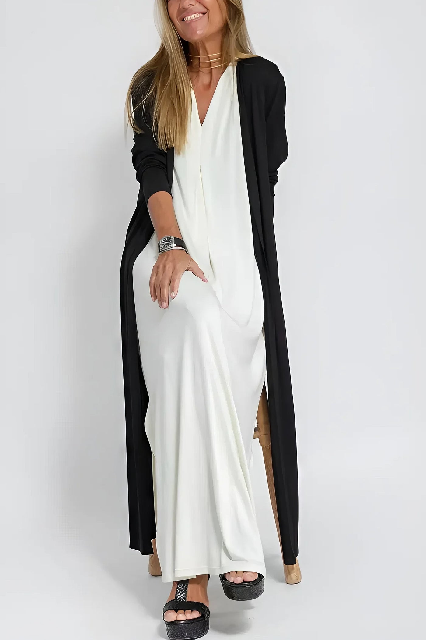 Aurora – 2-Piece V-Neck Long Dress & Cardigan Set