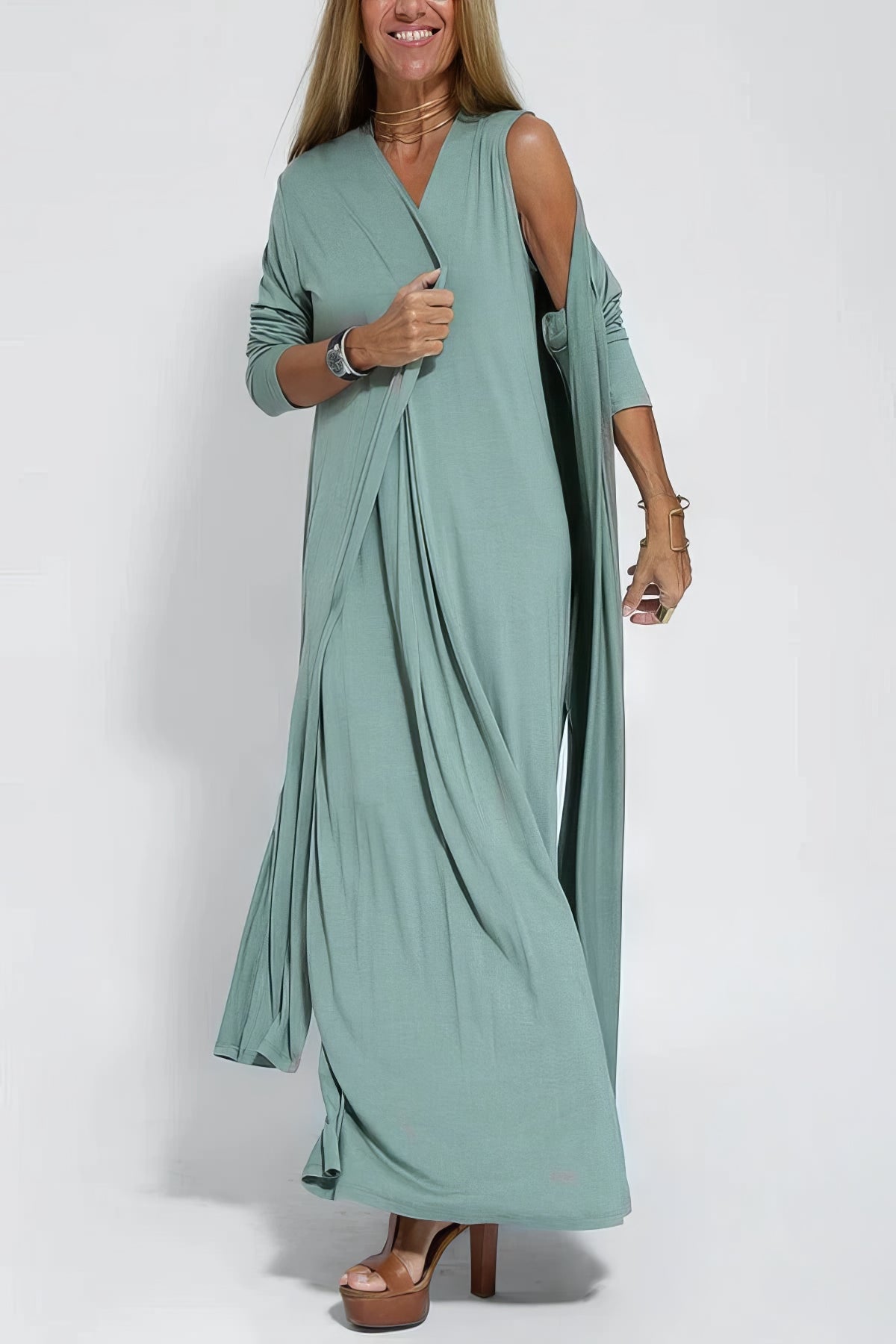 Aurora – 2-Piece V-Neck Long Dress & Cardigan Set