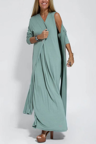 Aurora – 2-Piece V-Neck Long Dress & Cardigan Set